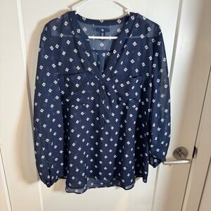 Gap Women's Navy Blue White Diamond Print Sheer Long Sleeve Tunic Top XL